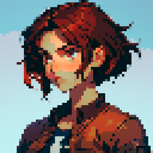 dark-red hair, girl, brown eyes, short messy hair, 19 years old, blue-print shirt, tan skin, tomboy, messy hair, American girl, no background