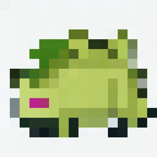 Green sleeping stegosaurus character. very cute. kawaii style. anime. 16x16. pixel art.