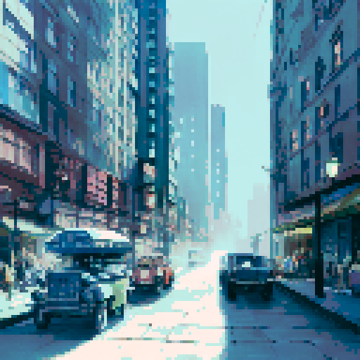 boston skyline, towering buildings, shimmering lights, bustling streets, vintage cars, art deco architecture, glowing moon, foggy atmosphere, drab colors