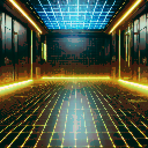 A futuristic holodeck battleground with a flat, glowing grid floor in black and neon yellow, tilted upward for depth. The bottom-left is clear for a player's view, while the middle-right features subtle holographic projections and faint shimmering effects. The background has sleek metallic walls and glowing panels, creating a high-tech simulation chamber that's clean and functional.