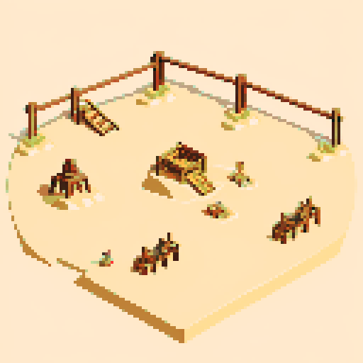 sand pit filled with quicksand, platforms with crude giant slingshots, clear and bright weather, pixel art, sRGB