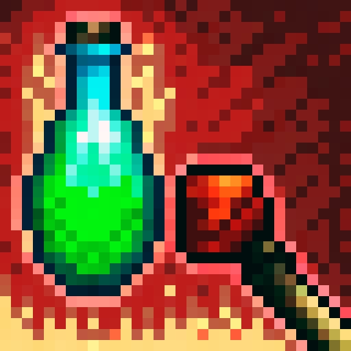 A graphic of a bubbling, red potion bottle with a stopper.