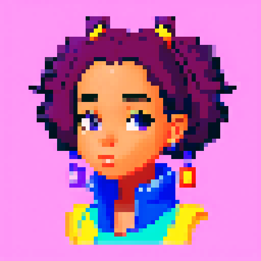 portrait, sprite art, eccentric young woman, african american, bohemian