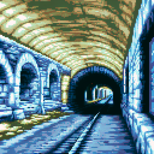tunnel, dreamlike, liminal, cracked stone, moss, train tracks, lights