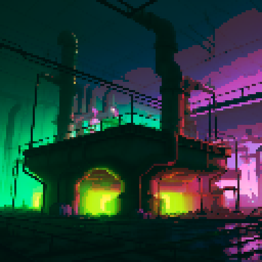 Misty Corrosive Waste Factory
"A mysterious, abandoned factory enveloped in a dense, pinkish purple mist. Pools of glowing toxic waste emit an eerie light. The air appears thick and hazardous, with dripping pipes, rusted machinery, and a faint green glow reflecting off the fog."