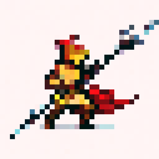 Flaming lance ablaze, armored hero charges with gritted teeth, surrounded by swirling inferno, pixelated flames licking at the edges of the screen, intense and vibrant colors, skillfully crafted close-up portrait