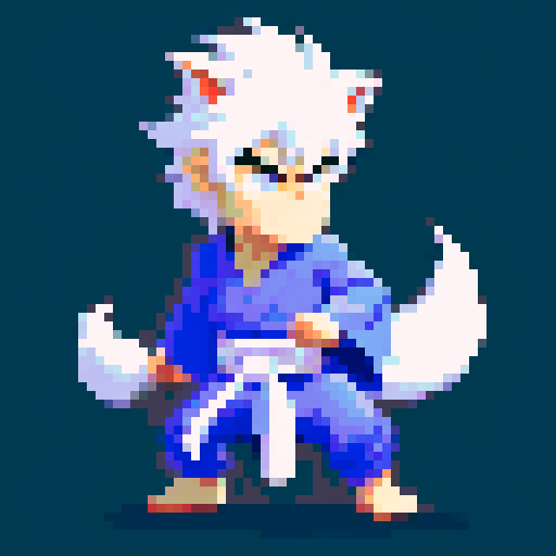beast man with wolf ears and tail, white hair, brilliant blue yukata, pixel art, sRGB, 2D game stance