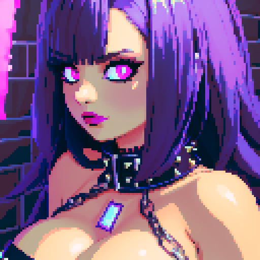 curvy, busty goth babe with studded collar. Nude big titty goth, in a close up nude glamour shot. Neon lighting, modern tile backsplash.