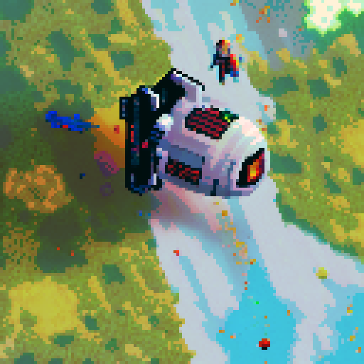 Create a pixel art comic scene featuring a heroic astronaut fighting off a swarm of giant, neon-colored space bugs in the vacuum of space.