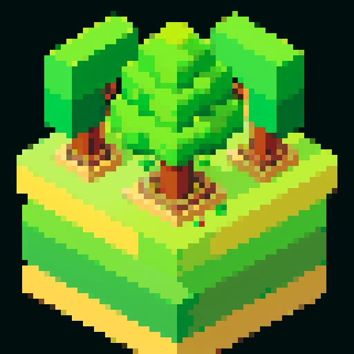 Isometric view, giant pineapple/tree hybrid, halfway in ground, no shadows, limited to 6 colors, pixel art, sRGB