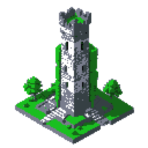 2d grey stone tower in an ancient english style. Old and crumbling but still upright. Green vines crisscross it. Usable as an asset (clear, thick lines and a white background). Put a black stroke around the composition