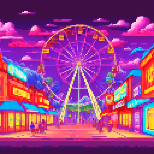 wide shot amusement park, vibrant colors, bustling crowds, whimsical carousel, towering roller coaster, neon signs, ferris wheel in motion, candy-colored stalls, swirling cotton candy, children with balloons, animated characters, pixelated fireworks illuminating the night sky, pixel art style, sRGB color profile