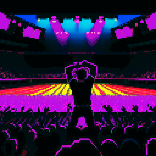 Bruce Springsteen silhouette, bold black lines, vibrant colors, pixelated style, sRGB palette, energetic stage presence, iconic guitar stance, dynamic pixel art rendition, nostalgic 8-bit graphics, electric atmosphere, captivating stage lighting, pixel-perfect details, retro video game vibes, crowd cheering, pulsating rock music, powerful lyrics