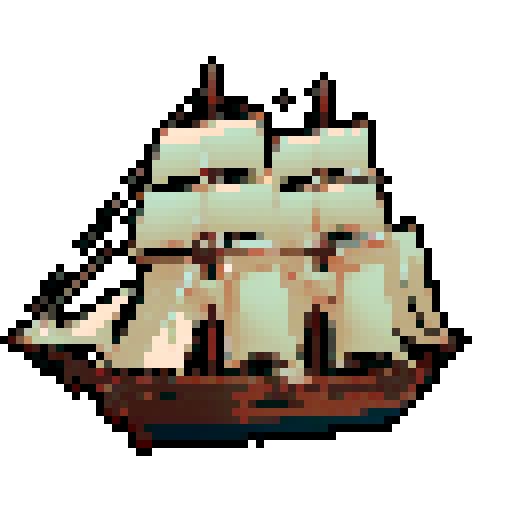 British frigate circa 1800 with a dark oak wooden hull, 14 gun ports, cream-white canvas sails on three tall masts Golden-brown stern carvings, reddish-copper bottom plating, turquoise Mediterranean waters. Weathered gray ropes and rigging under warm morning light, character portrait, close up, anime style, pixel art.