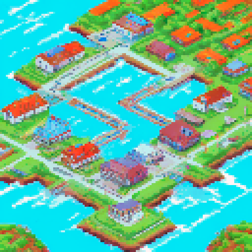 Island port town, have the whole town visable in the image. make it usebale as a tile set for my rpg game. make sure its a lively city. Midevial style houses. middle class not fancy houses but not poor
