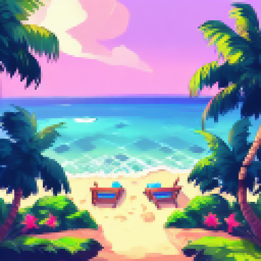 A beach with palm trees in the Caribean, looking out to the ocean at night, seen from ground level, pixel art, in the style of Monkey Island 2 background art