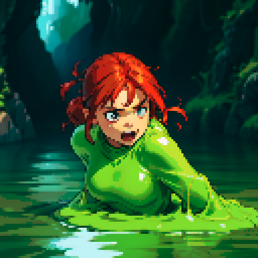 hero sinking into slime, hero drowning in slime, hero has red hair, hero has silver armor, reaching up, panic, sinking deep into slime