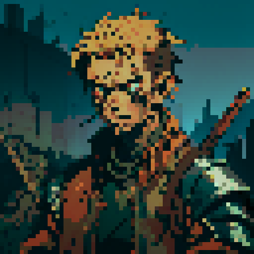 Create a 2D pixel art character for a post-apocalyptic game with a decay theme. The player is a rugged survivor, dressed in tattered clothes and worn-out armor, showing signs of exposure to a decaying world. The character wields makeshift weapons like a rusted blade or a crude gun. The color palette should include muted, earthy tones to emphasize the decay theme.