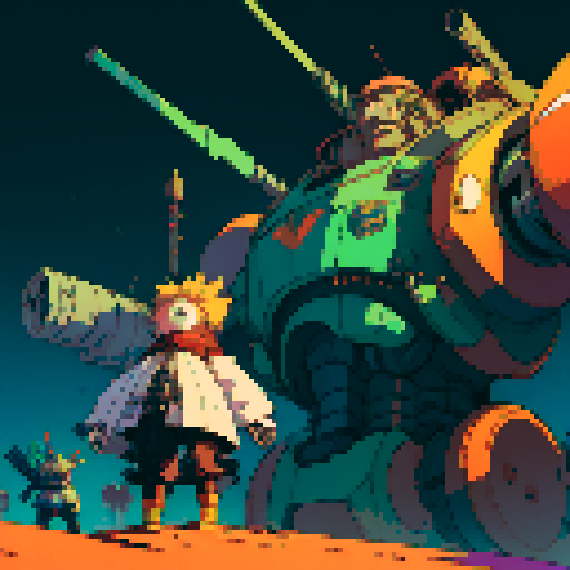 fat mad scientist, facing left, full-body image, exaggerated features, pixelated details, giant robot, mechanical limbs, robot workshop backdrop, sRGB color palette