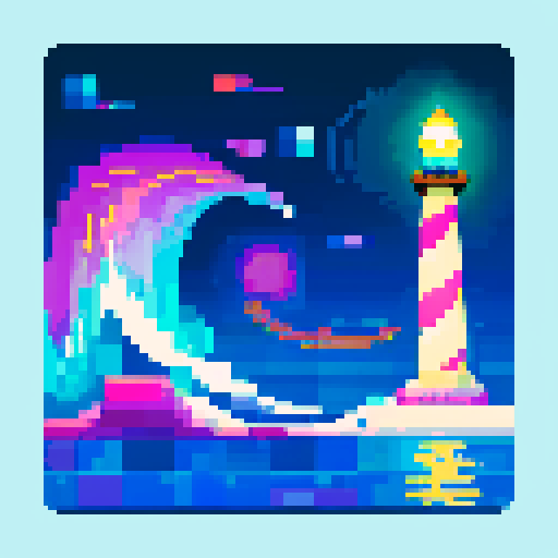 lighthouse, sea, aurora, vibrant colors, pixelated waves, glowing sky, geometric shapes, digital art, sRGB