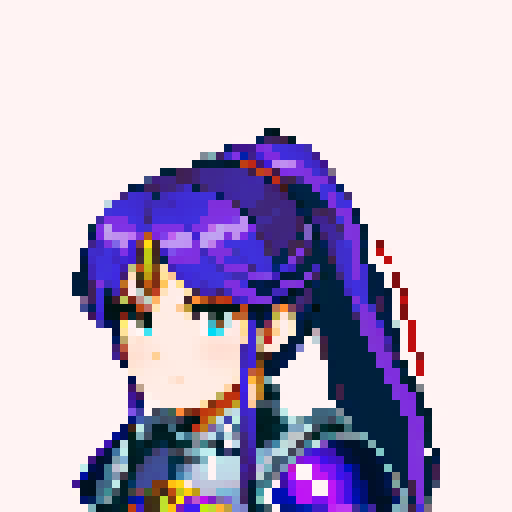 Fire emblem character, intricate armor details, 32x32 pixel art, sRGB, game icon, skill art, close up, portrait, teenage princess, blue ponytail, purple armor, 8 bit