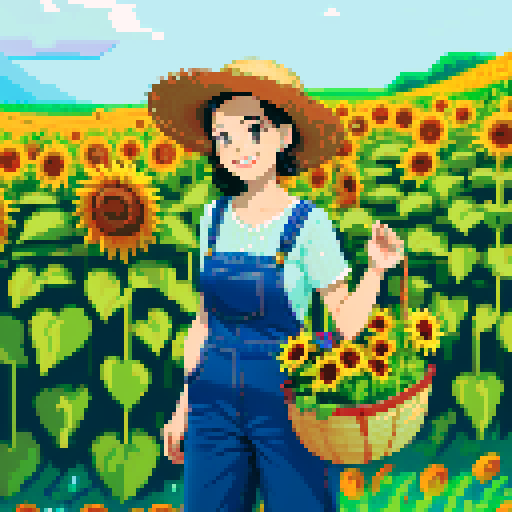 happy, female male farmer in pixel art style, black hair, surrounded by vibrant green fields, wearing worn-out denim overalls and a straw hat, holding a basket full of freshly harvested carrots and a bouquet of sunflowers, with a content smile on his face, standing next to a rustic wooden cart filled with colorful fruits and vegetables