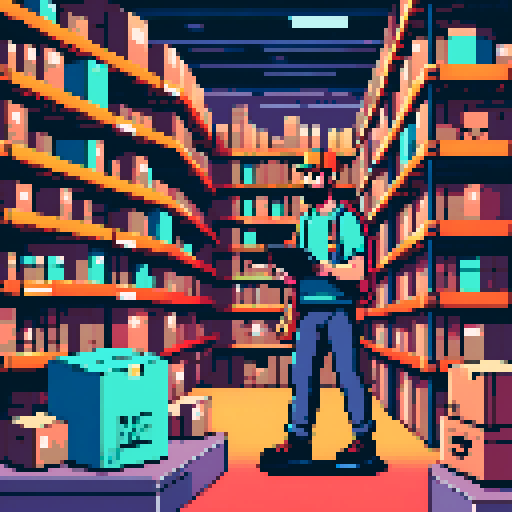 young, bearded male warehouse worker, Amazon Germany, pixel art, sRGB, busy picking and organizing packages, vibrant colors, retro aesthetic, stacks of boxes, conveyor belts, barcode scanners, robotic arms, high-tech machinery, bustling atmosphere, pixelated Amazon logo, fluorescent lighting, dynamic movement, pixelated barcode labels