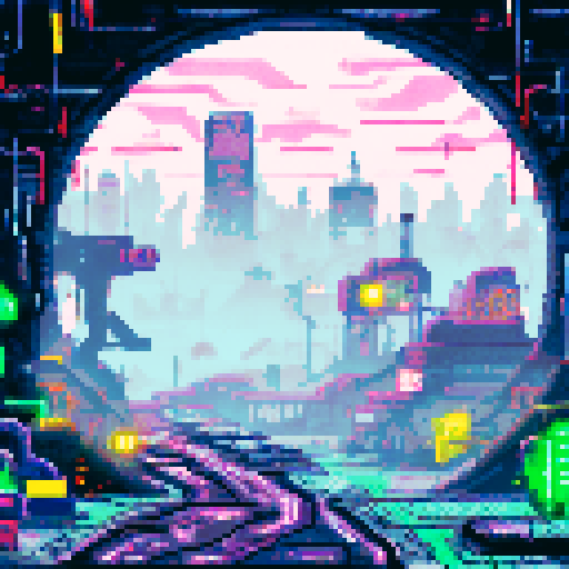 toxic, neon-lit sewers with dripping pipes, graffiti-covered walls, and a murky green liquid flowing through the grates, creating a pixel art background with a dystopian, cyberpunk landscape