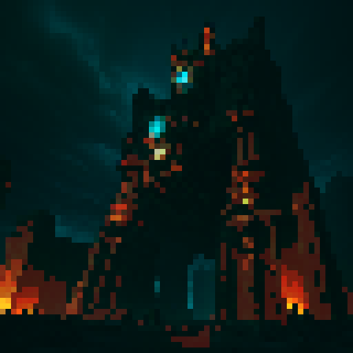 Giant, towering titans with grotesque features, crumbling walls, intense battles, brave soldiers, steampunk-inspired machinery, intense action, dark and moody atmosphere, dramatic lighting, pixelated art style, vibrant and saturated colors, sRGB color space