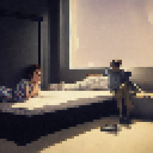sci-fi room 
a boy laying in bed and a girl is next to window smoking a cigarrete