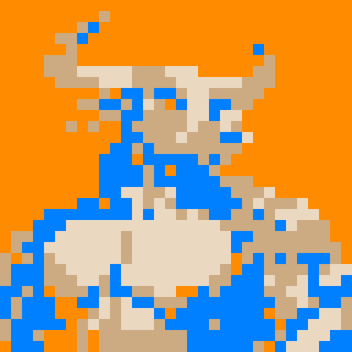 A pixel art portrait of a bull with a neutral expression, featuring a minimalist design with light skin tone, solid colors, Set against a solid orange background. The style is reminiscent of early video game characters, with a square aspect ratio.