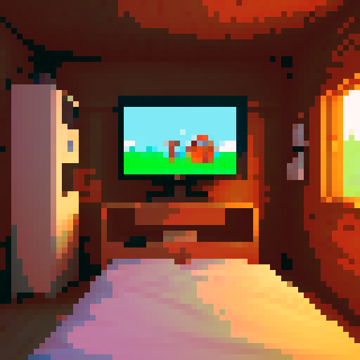 n64 game console in cozy room with the image of a cabin on the screen saying "start"