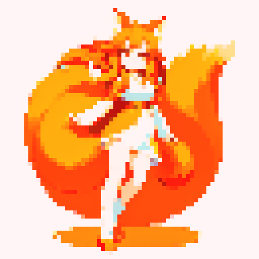 Kitsune girl with flowing fiery tails, vibrant orange and white fur, delicate fox ears, and a mischievous smile, in pixel art with sRGB color palette