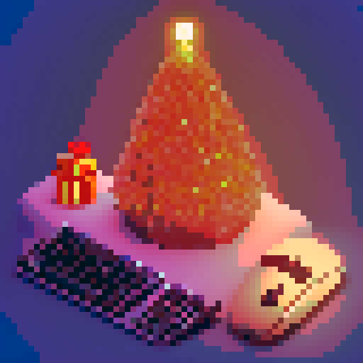 keyboard, mouse, decorated Christmas tree with twinkling lights instead of monitor, desk, 8-bit, vibrant and lively asthetic