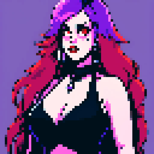 Plus size busty goth girl, with long purple hair, eyeliner, red lipstick. wearing a halter top and spiked collar. Posing for a up close face portrait. vibrant sRGB colors, pixel art.