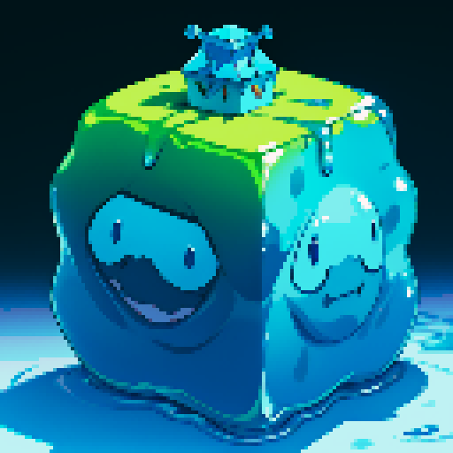 Blue Slime cube, Gelatinous cube, wearing crown, giant Slime, boss fight