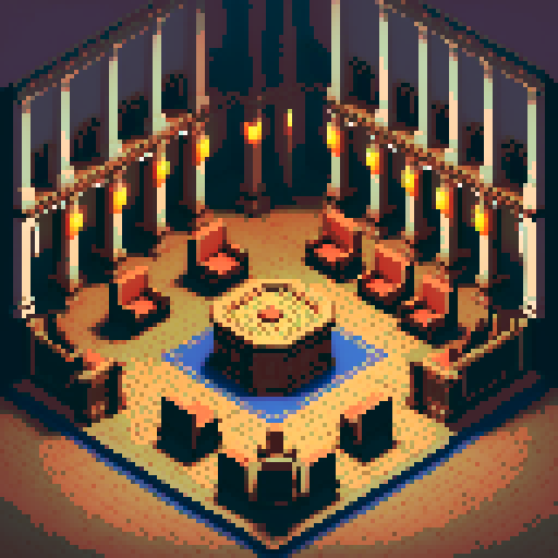 royal council, building, inside, block, wood, one discussion table, wooden interior, council room, columns, isometric, dark