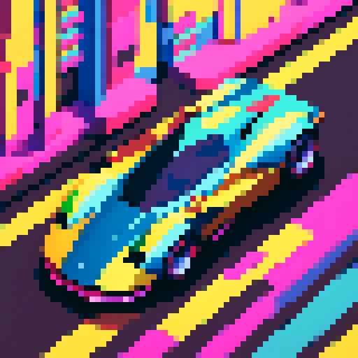 yellow sport car, sleek lines, vibrant colors, retro aesthetic, low-poly design, sharp edges, pixelated details, bold shadows, glossy finish, dynamic angles, speed lines, chromatic aberration, dithered textures, 8-bit graphics, vibrant sRGB palette, nostalgic vibes