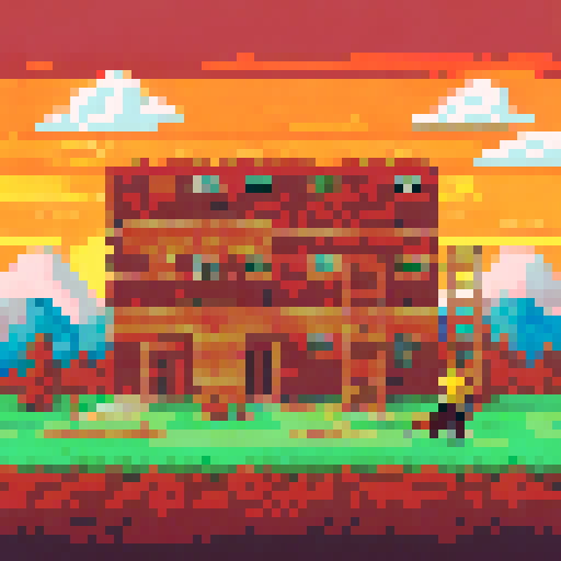 A chaotic scene of construction workers: a man carrying a stack of wood, a woman tangled in a coil of rope, and another worker wrestling with a ladder, all while a mischievous dog runs off with a hammer In the distance, the blueprints lay forgotten on the ground, as the half-built house leans precariously Above them, the words "Building Frenzy" in bold pixel art letters against a sunny, sRGB background