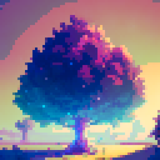 Tree, rendered in vibrant pixel art for a game asset in an earthbound style, png, white background, black outline