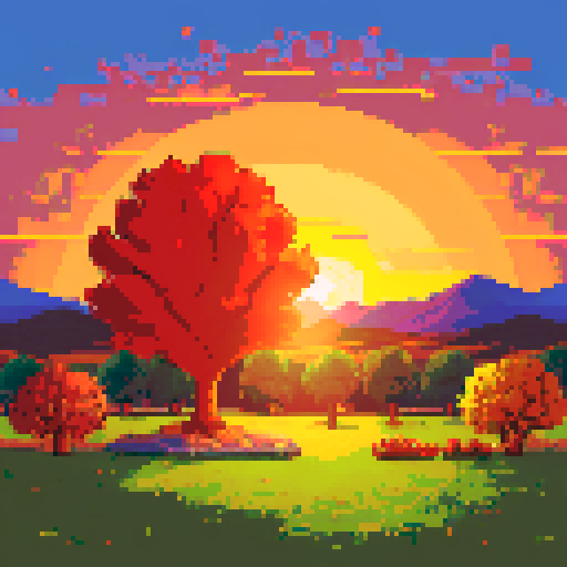 autumn sunset landscape, fire emblem style