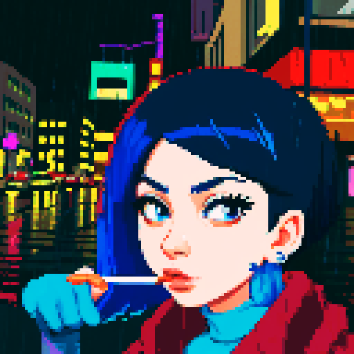 Blue haired 90s pop girl, smoking a cigarette, downtown, in the rain, gritty