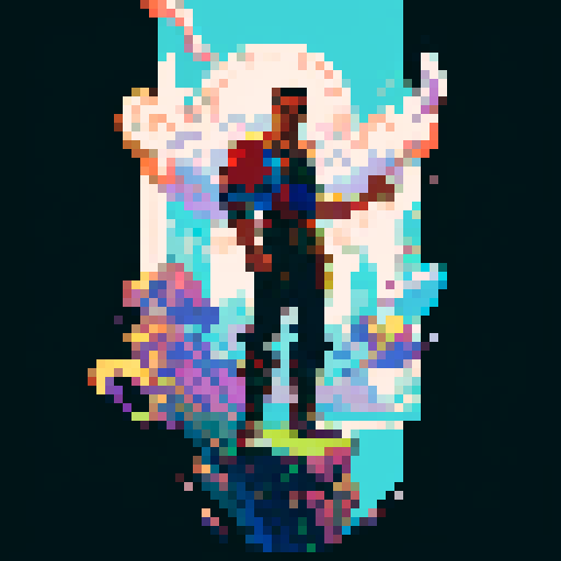 hispanic man, confident expression, heroic pose, full body, pixel art, solid color background, sRGB