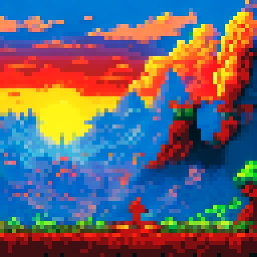 Hero standing tall amidst a fiery landscape, with pixelated flames flickering in the background and a horde of defeated monsters at their feet