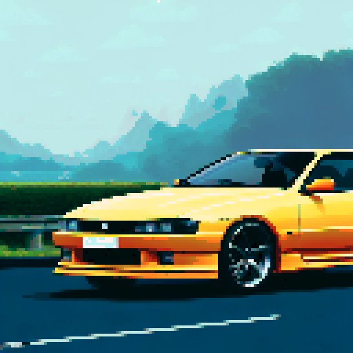 Photorealistic whole Nissan Silvia, three-quarter view, right front wheel, clean background, sRGB colors, pixel art style