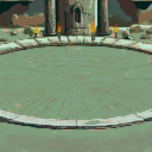 Ancient stone arena with a circular platform etched with faint lines and surrounded by torches emitting a fiery glow. Massive stone pillars frame a hooded statue at the rear, exuding a foreboding atmosphere. The muted grays and browns, combined with scattered rocks and shadows, evoke a mysterious and ritualistic setting.