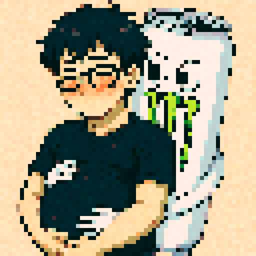 Black hair man with glasses, blushing, man pregnant anime style, White Monster Can wrapping arms around him, sRGB, pixel art
