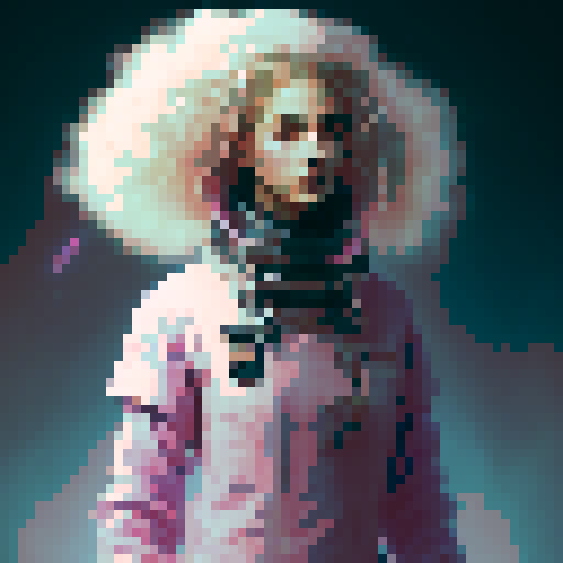 A girl with long blonde wavy hair, wearing a pink apron and holding a nail polish bottle. 