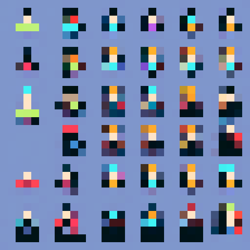 retro computer sprite sheet, top down, pixel art, sRGB, outline, vibrant colors, detailed character animations, blocky objects, 8-bit style