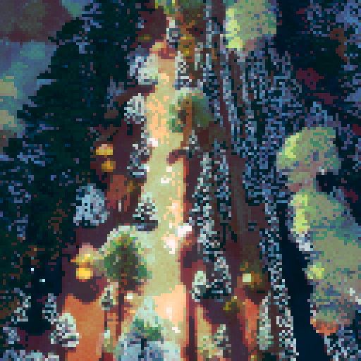 male adult, grey jacket, enormous sequoia tree, majestic, snowy sequoia forest, pixel art, sRGB